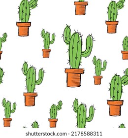 Seamless pattern of cactus plants in pots for printing.
Vector illustration.