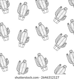 Padrão contínuo de cactos em um pote. Cactos repetem o padrão de fundo. Ilustração vetorial em estilo minimalista retrô.
