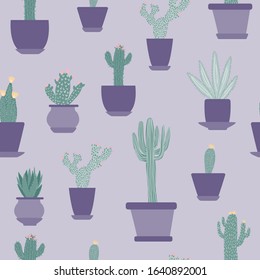 Seamless pattern with cactus in pot. Design for fabric, textile print, wrapping paper. Botanical vector illustration.
