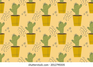 Seamless pattern with cactus. Cactus in a pot, domestic plant with thorns, needles and flowers. Vector illustration in flat style.