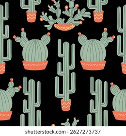 Patrón sin fisuras con cactus en una olla, flores. Diseño colorido para la tela, papel de regalo, carteles.