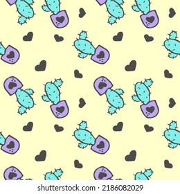 seamless pattern cactus in a pot and heart symbol, gentle shades, colorful
