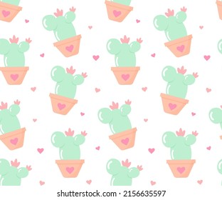 Seamless pattern with cactus in a pot and hearts. Cute texture for kids room design, Wallpaper, textiles, wrapping paper, apparel.