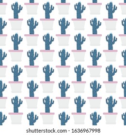 Seamless pattern with cactus in pot on white background. Design for fabric, textile print, wrapping paper. Simple textile ornament.  Botanical vector illustration