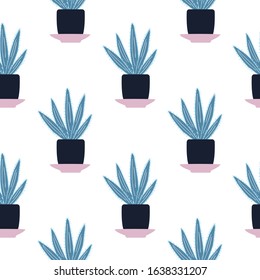 Seamless pattern with cactus in pot on white background. Simple textile ornament. Design for fabric, textile print, wrapping paper. Botanical vector illustration.