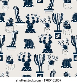 seamless pattern with cactus pot, vector design for paper, fabric and other surface