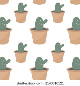 Seamless pattern with Cactus in pot. Vector illustration.