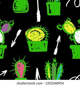 Seamless pattern with cactus in pots, arrows on black. Colorful Hand drawn brush texture. Vector illustration. For print for clothes, textile, website, card wrapping wallpaper backdrop