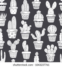 seamless pattern with cactus in pots black and white - vector illustration, eps