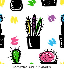 Seamless pattern with cactus in pots. Colorful on white background. Hand drawn brush texture. Vector.For print for clothes, bags, towels, fabric, textile, website, card wrapping wallpaper backdrop