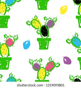 Seamless pattern with cactus in pots. Colorful on white background. Hand drawn brush texture. Vector.For print for clothes, bags, towels, fabric, textile, website, card wrapping wallpaper backdrop