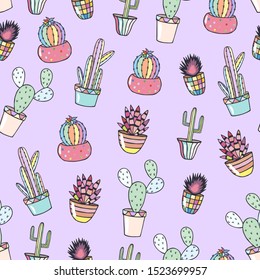 seamless pattern of cactus in pots. eps10 vector illustration. art line. hand drawing