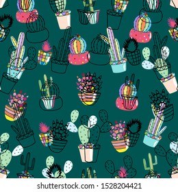 seamless pattern of cactus in pots. eps10 vector illustration. art line. hand drawing
