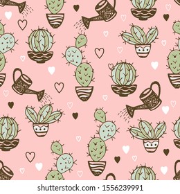 Seamless pattern with cactus in pots and watering pot for irrigation. Vector.