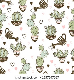 Seamless pattern with cactus in pots and watering pot for irrigation. Vector.