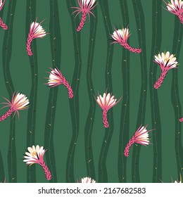 Seamless pattern cactus Princess of the night. The queen of the night blooms rarely and only at night, and its flowers wither before dawn. Pattern for fabric. Flat vector illustration.