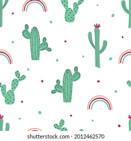 Patrón sin foco con cactus y arco iris. Cactus verdes sobre un fondo blanco. Ilustración vectorial plana.