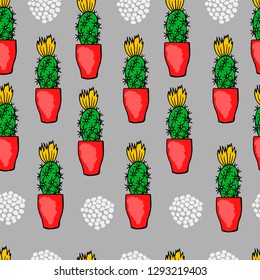 Seamless pattern with cactus in a red pot. Vector background. Perfect for textiles, packaging, scrapbooking