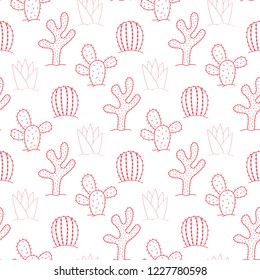 Seamless pattern of cactus with red stroke on a white background.