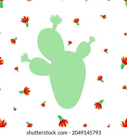 Seamless pattern with cactus silhouette and flowers. Cute background with exotic plants. Texture for fabric, wrapping paper.