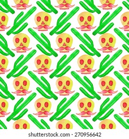 Seamless pattern with cactus and skull. Hand-drawn background. Vector illustration. Real watercolor drawing. Cinco de mayo, Day of the Dead
