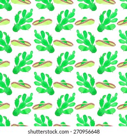  Seamless pattern with cactus and sombrero. Hand-drawn background. Vector illustration. Real watercolor drawing.