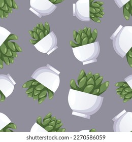 Seamless pattern with cactus succulent houseplant in pot. Indoor potted house plant in flowerpot. Home garden, greenhouse, gardening lover. Domestic store wallpaper, scrapbooking, textile, wrapping