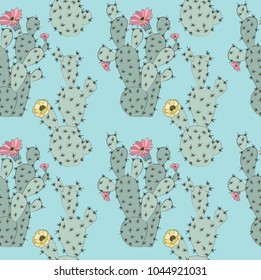 Seamless pattern with cactus and succulent in sketch style. Editable vector illustration