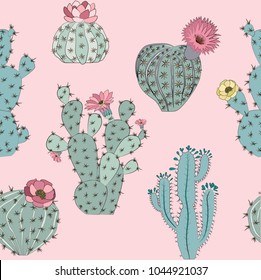 Seamless pattern with cactus and succulent in sketch style. Editable vector illustration