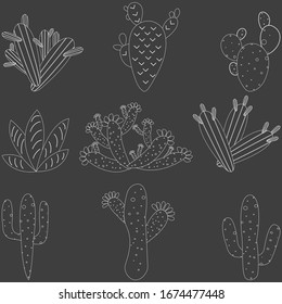 Seamless pattern with cactus, succulents and floral elements. Vintage vector botanical illustration. Background ready for printing on textile and other seamless design