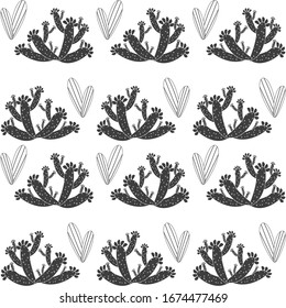 Seamless pattern with cactus, succulents and floral elements. Vintage vector botanical illustration. Background ready for printing on textile and other seamless design