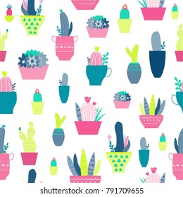 Seamless pattern with cactus, succulents in flowerpats. Trendy tropical design for textile.