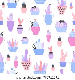 Seamless pattern with cactus, succulents in flowerpats. Trendy tropical design for textile.