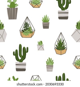 Seamless pattern with Cactus and succulents in flowerpot, florarium. Houseplants. Succulents in florarium, cactus, house plants collection. Growing green sprouts in pot. Florarium, glass vase.