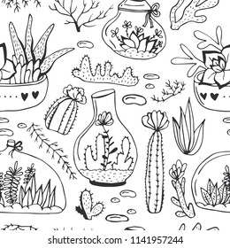 Seamless pattern with cactus and succulents. Hand drawn vector background, sketch collection of house plants. Natural design elements.