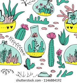 Seamless pattern with cactus and succulents. Hand drawn vector background, sketch collection of house plants. Natural design elements.