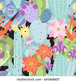  Seamless pattern with cactus and succulents. Hand drawn vector illustration in trendy  cartoon style.