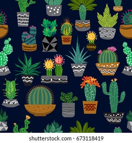 Seamless pattern with cactus and succulents hand drawn on white background. Vector illustration in minimal style. Perfect for fabric, textile, wrapping paper and other decoration design.