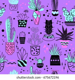 Seamless pattern with cactus and succulents hand drawn on purple background. Vector print in minimal style. Perfect for fabric, textile, wrapping paper and other decoration design.