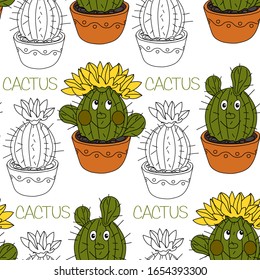 Seamless pattern with cactus and succulents in the pots. Hand drawn background. Vector illustration.