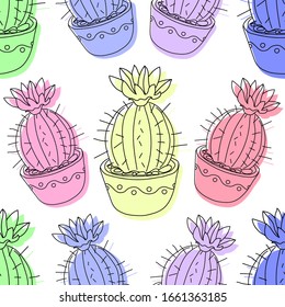 Seamless pattern with cactus and succulents in the pots. Hand drawn background. Vector illustration.
