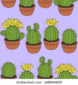 Seamless pattern with cactus and succulents in the pots. Hand drawn background. Vector illustration.