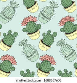 Patrón transparente con cactus y suculentos en las macetas. Antecedentes dibujados a mano. Ilustración vectorial.