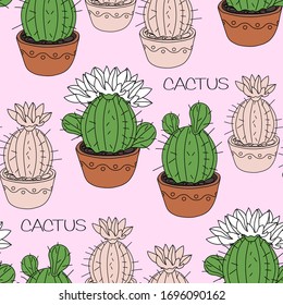 Patrón transparente con cactus y suculentos en las macetas. Antecedentes dibujados a mano. Ilustración vectorial.