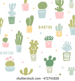 Seamless pattern with cactus and succulents in the pots. Hand drawn background. Vector illustration.