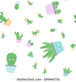 Seamless pattern with cactus and succulents in the pots. Hand drawn background. Vector illustration.