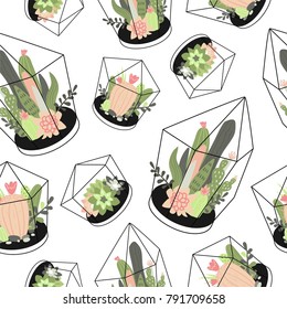 Seamless pattern with cactus, succulents in terrariums. Trendy tropical design for textile