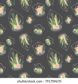 Seamless pattern with cactus, succulents in terrariums. Trendy tropical design for textile