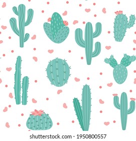 Seamless pattern with cactus and succulents, vector illustration in vintage style on white background. Eps 10