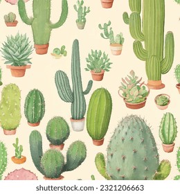 Seamless pattern of cactus and succulents in vector artwork. Prickly bliss